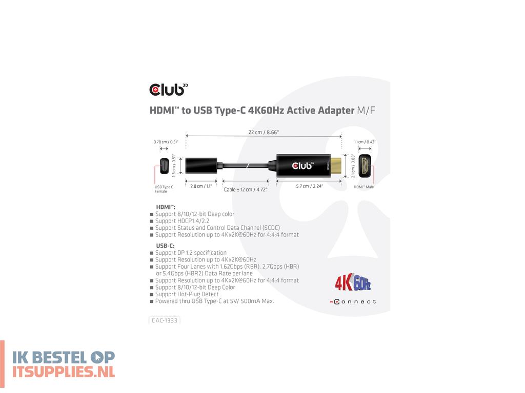 0225760-club3d_cac-1333_video_kabel_adapter_0-22_m_hdmi_type_a_standaard_zwart